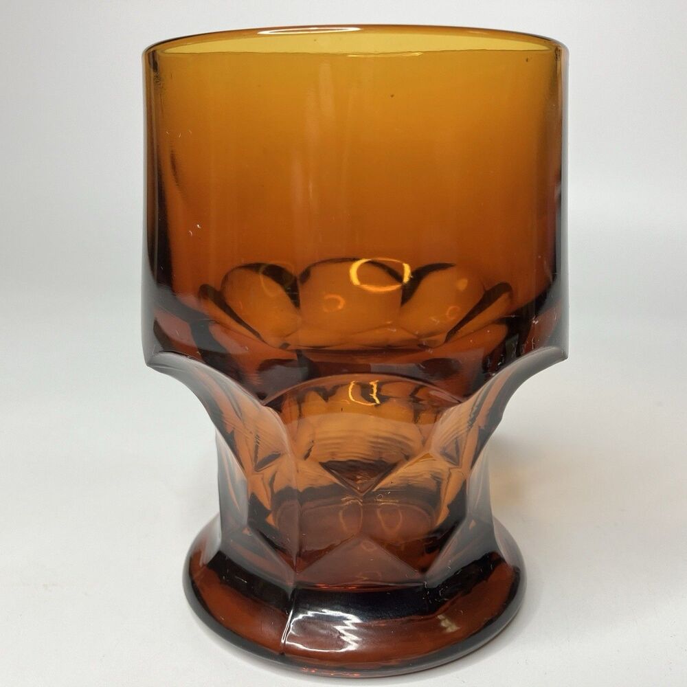 Anchor Hocking Georgian Glass Tumbler 4.25x3 Amber Thumbprint Honeycomb Vintage